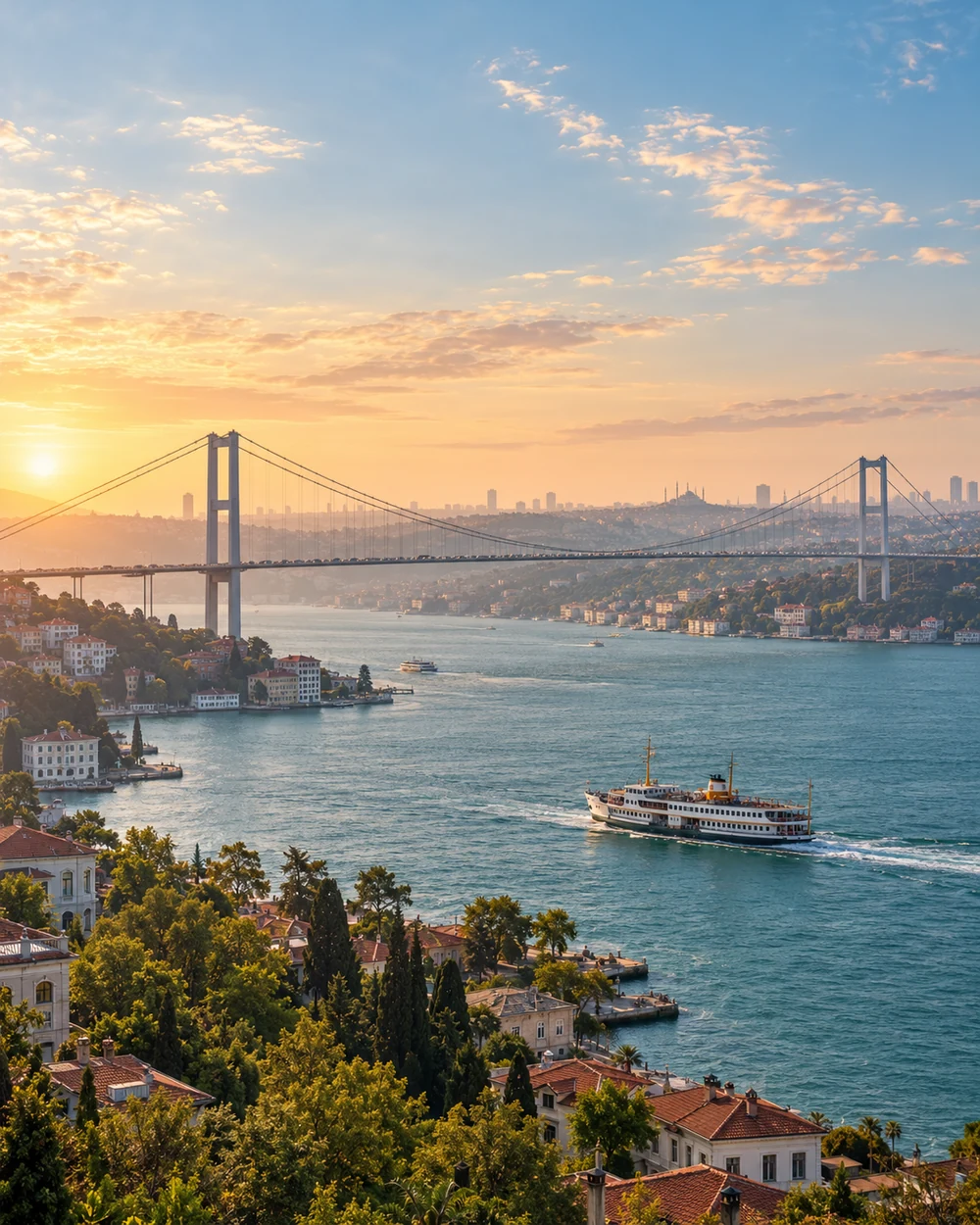 Illustrative view of a ferry on the Bosphorus and a suspension bridge in Istanbul